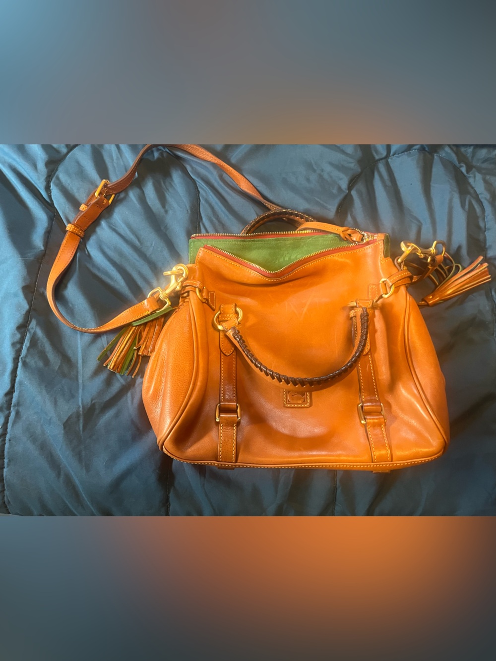 Dooney Tan Tote Handbag with Green Accent - Doctor style bag large